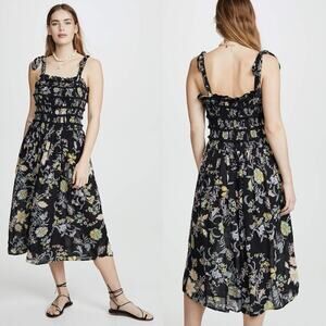 Free People Isla Black floral midi dress Milkmaid Prairie Romantic Festival Sz M